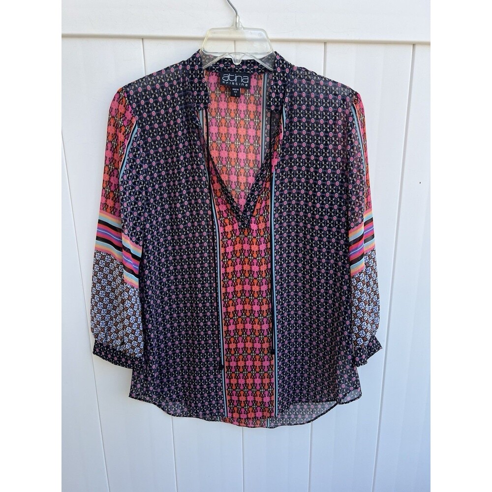 Atina Cristina Womens Boho Blouse Tie Neck Sz Small Abstract Colorful 3/4 Sleeve